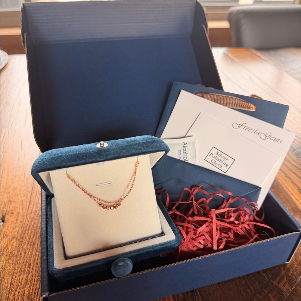 Elegant Rose Gold Necklace by Freesia Gems 16” Sterling Silver S925 Gift Set NEW